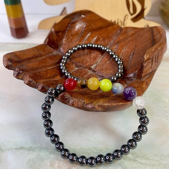 Handmade Hematite Rainbow Chakra Mixed Gemstone Bead Bracelet Set of 2 - Picture 6 of 7